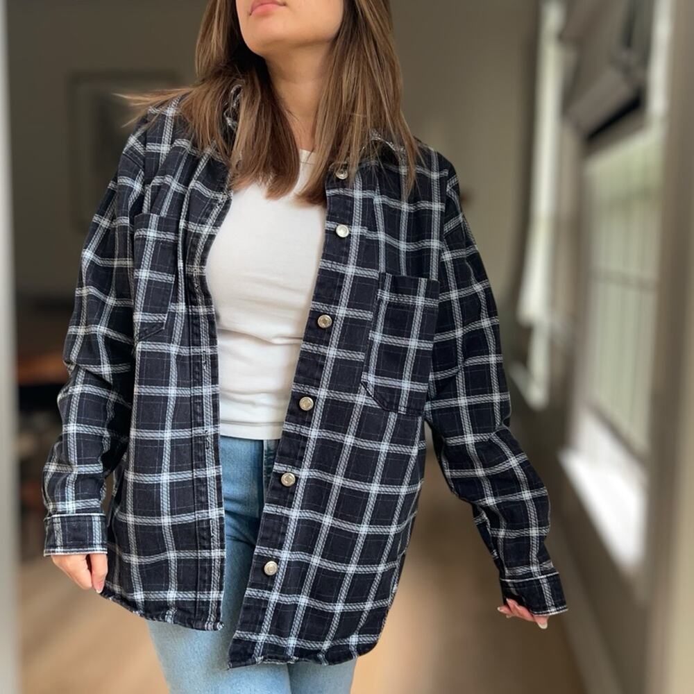 Topshop Navy Plaid Cotton Denim Boyfriend Shacket 6